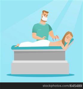Caucasian woman getting acupuncture treatment in a spa center. Acupuncturist performing acupuncture therapy on the back of a customer in a beauty salon. Vector flat design illustration. Square layout.. Acupuncturist doctor making acupuncture therapy.
