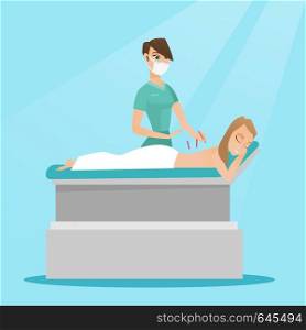 Caucasian woman getting acupuncture treatment in a spa center. Acupuncturist performing acupuncture therapy on the back of a customer in a beauty salon. Vector flat design illustration. Square layout.. Acupuncturist doctor making acupuncture therapy.