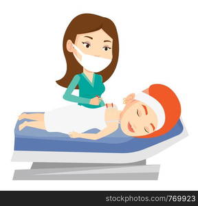 Caucasian woman getting acupuncture treatment in a spa center. Acupuncturist doctor performing acupuncture therapy on back of a customer. Vector flat design illustration isolated on white background.. Acupuncturist doctor making acupuncture therapy.