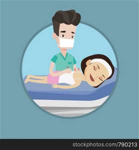 Caucasian woman getting acupuncture treatment in salon. Acupuncturist doctor performing acupuncture therapy on back of customer. Vector flat design illustration in the circle isolated on background.. Acupuncturist doctor making acupuncture therapy.