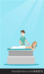 Caucasian woman getting acupuncture treatment in spa center. Acupuncturist performing acupuncture therapy on the back of a customer in a beauty salon. Vector flat design illustration. Vertical layout.. Acupuncturist doctor making acupuncture therapy.