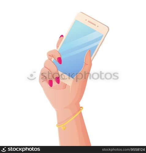 caucasian woman hand holding a mobile phone isolated on white background. Digital Devices and Technology concept. Stock vector illustration in realistic cartoon style.. caucasian woman hand holding a mobile phone isolated on white background. Digital Devices and Technology concept.