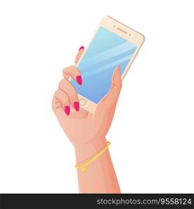 caucasian woman hand holding a mobile phone isolated on white background. Digital Devices and Technology concept. Stock vector illustration in realistic cartoon style.. caucasian woman hand holding a mobile phone isolated on white background. Digital Devices and Technology concept.
