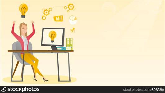Caucasian woman having a business idea. Young cheerful businesswoman working on laptop on a new business idea. Successful business idea concept. Vector flat design illustration. Horizontal layout.. Successful business idea vector illustration.