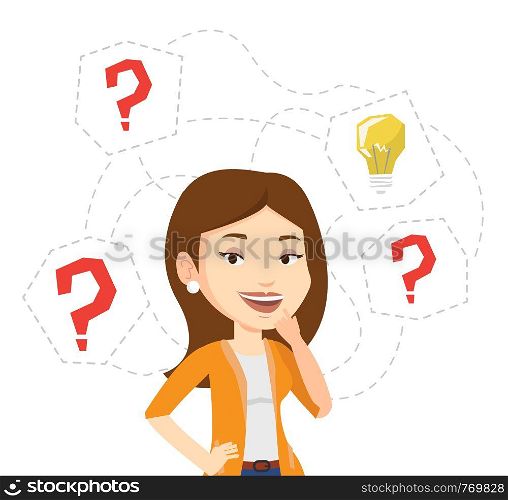 Caucasian woman having business idea. Businesswoman standing with question marks and idea light bulb above her head. Business idea concept. Vector flat design illustration isolated on white background. Woman having business idea vector illustration.