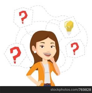 Caucasian woman having business idea. Businesswoman standing with question marks and idea light bulb above her head. Business idea concept. Vector flat design illustration isolated on white background. Woman having business idea vector illustration.