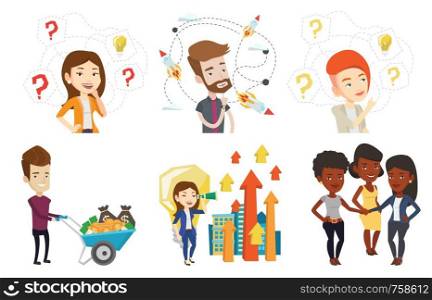 Caucasian woman having business idea. Businesswoman standing with question marks and light bulb above head. Business idea concept. Set of vector flat design illustrations isolated on white background.. Vector set of business characters.