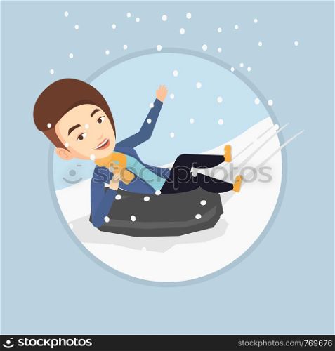 Caucasian woman having fun while sledding on snow rubber tube. Woman riding on snow rubber tube. Woman sitting in snow rubber tube. Vector flat design illustration in the circle isolated on background. Woman sledding on snow rubber tube in mountains.