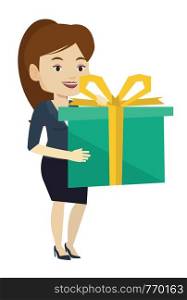 Caucasian woman holding a box with gift in hands. Happy woman holding gift box. Young woman standing with gift box. Girl buying a present. Vector flat design illustration isolated on white background.. Joyful caucasian woman holding box with gift.
