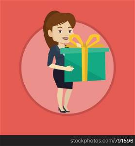 Caucasian woman holding a box with gift in hands. Woman holding gift box. Woman standing with gift box. Girl buying a present. Vector flat design illustration in the circle isolated on background.. Joyful caucasian woman holding box with gift.