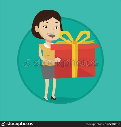 Caucasian woman holding a box with gifts in hands. Woman holding gift box. Woman standing with gift box. Girl buying a present. Vector flat design illustration in the circle isolated on background.. Joyful caucasian woman holding box with gift.