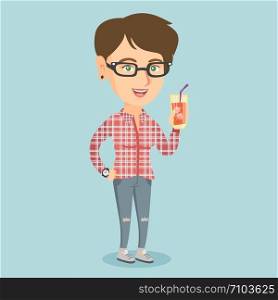 Caucasian woman holding a glass with a cocktail. Joyful woman drinking a cocktail through a drinking straw. Young happy woman celebrating with a cocktail. Vector cartoon illustration. Square layout.. Young caucasian woman drinking a cocktail.