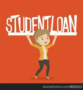 Caucasian woman holding a heavy sign of student loan. Young tired woman carrying heavy sign - student loan. Concept of the high cost of student loan. Vector flat design illustration. Square layout.. Woman holding sign of student loan.