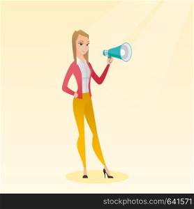 Caucasian woman holding a megaphone. Woman promoter speaking into a megaphone. Young woman advertising using a megaphone. Social media marketing concept. Vector flat design illustration. Square layout. Young woman speaking into a megaphone.