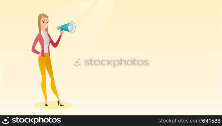 Caucasian woman holding a megaphone. Woman promoter speaking into a megaphone. Woman advertising using a megaphone. Social media marketing concept. Vector flat design illustration. Horizontal layout.. Young woman speaking into a megaphone.
