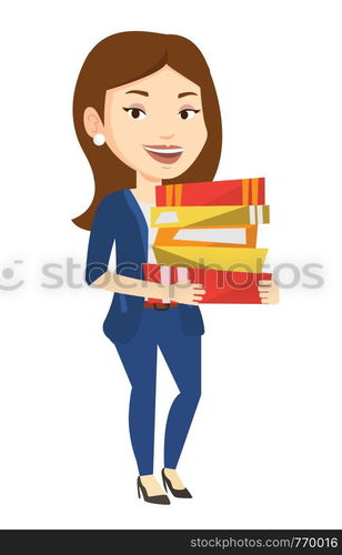 Caucasian woman holding a pile of educational books. Female student carrying huge stack of books. Student preparing for exam with books. Vector flat design illustration isolated on white background.. Woman holding pile of books vector illustration.