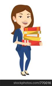 Caucasian woman holding a pile of educational books. Female student carrying huge stack of books. Student preparing for exam with books. Vector flat design illustration isolated on white background.. Woman holding pile of books vector illustration.