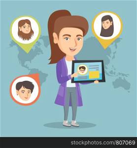 Caucasian woman holding a tablet with social network user profile on a screen. Woman standing on the background of world map with avatars of social network. Vector cartoon illustration. Square layout.. Caucasian woman holding tablet with social network