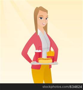 Caucasian woman holding a tray with fast food. Young woman having lunch in a fast food restaurant. Woman with fast food. Unhealthy nutrition concept. Vector flat design illustration. Square layout.. Woman holding tray full of fast food.