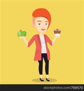 Caucasian woman holding apple and cupcake in hands. Woman choosing between apple and cupcake. Concept of choice between healthy and unhealthy nutrition. Vector flat design illustration. Square layout. Woman choosing between apple and cupcake.