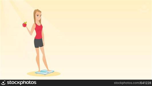 Caucasian woman holding apple in hand and weighing after diet. Young woman satisfied with the result of diet. Dieting and healthy lifestyle concept. Vector flat design illustration. Horizontal layout.. Woman standing on scale and holding apple in hand.