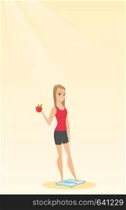 Caucasian woman holding apple in hand and weighing after diet. Young woman satisfied with the result of diet. Dieting and healthy lifestyle concept. Vector flat design illustration. Vertical layout.. Woman standing on scale and holding apple in hand.