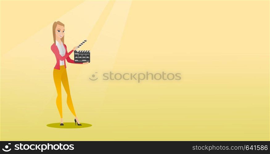 Caucasian woman holding camera slate for the filming. Smiling woman holding an open clapperboard. Cheerful woman holding blank movie clapperboard. Vector flat design illustration. Horizontal layout.. Smiling woman holding an open clapperboard.