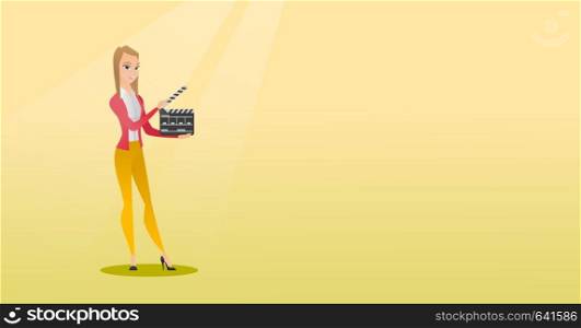 Caucasian woman holding camera slate for the filming. Smiling woman holding an open clapperboard. Cheerful woman holding blank movie clapperboard. Vector flat design illustration. Horizontal layout.. Smiling woman holding an open clapperboard.