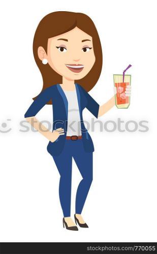 Caucasian woman holding cocktail glass with drinking straw. Joyful woman drinking a cocktail. Young happy woman celebrating with cocktail. Vector flat design illustration isolated on white background.. Woman drinking cocktail vector illustration.