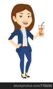 Caucasian woman holding cocktail glass with drinking straw. Joyful woman drinking a cocktail. Young happy woman celebrating with cocktail. Vector flat design illustration isolated on white background.. Woman drinking cocktail vector illustration.