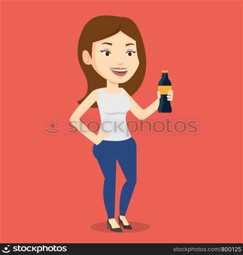 Caucasian woman holding fresh soda beverage at glass bottle. Young woman standing with bottle of soda. Cheerful woman drinking brown soda from bottle. Vector flat design illustration. Square layout.. Young woman drinking soda vector illustration.