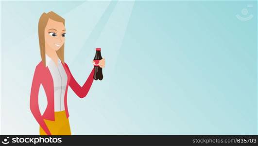 Caucasian woman holding fresh soda beverage in a glass bottle. Young woman standing with a bottle of soda. Happy woman drinking soda from a bottle. Vector flat design illustration. Horizontal layout.. Young woman drinking soda vector illustration.