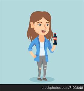 Caucasian woman holding fresh soda beverage in a glass bottle. Young woman standing with a bottle of soda. Cheerful woman drinking soda from a bottle. Vector cartoon illustration. Square layout.. Young caucasian woman drinking soda.