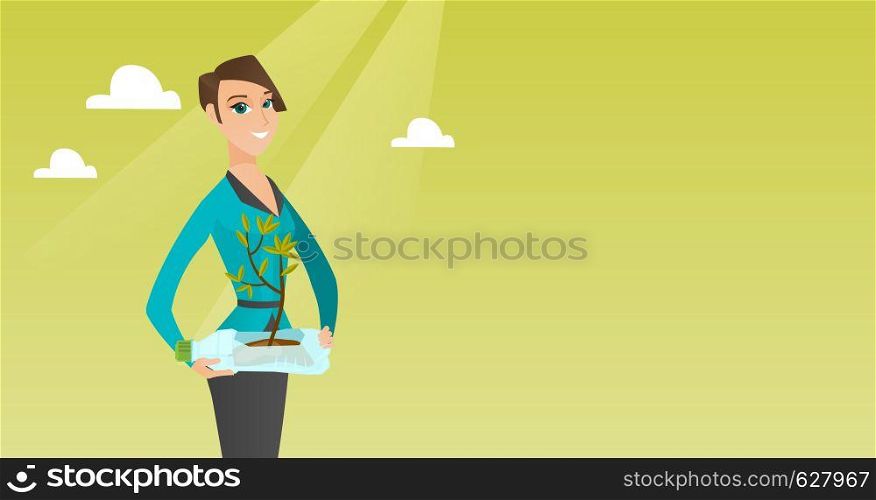 Caucasian woman holding in hands plastic bottle with plant growing inside. Woman holding plastic bottle used as plant pot. Plastic recycling concept. Vector flat design illustration. Horizontal layout. Woman holding plant growing in plastic bottle.