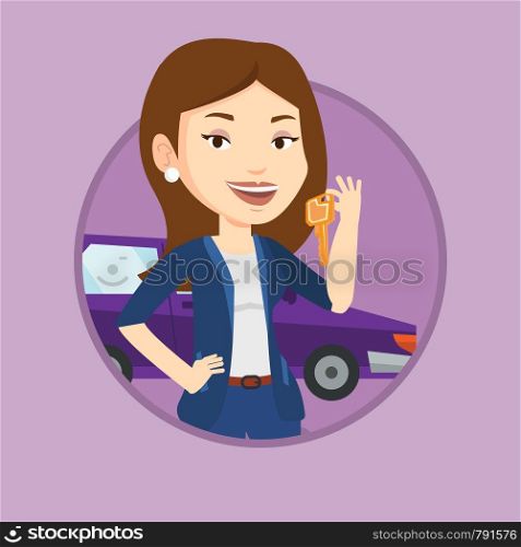 Caucasian woman holding keys to her new car. Woman showing key to her new car. Woman standing on the backgrond of her new car. Vector flat design illustration in the circle isolated on background.. Woman holding keys to her new car.