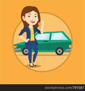 Caucasian woman holding keys to her new car. Woman showing key to her new car. Woman standing on the backgrond of her new car. Vector flat design illustration in the circle isolated on background.. Woman holding keys to her new car.