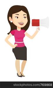 Caucasian woman holding megaphone. Promoter speaking into a megaphone. Woman advertising using megaphone. Social media marketing concept. Vector flat design illustration isolated on white background.. Young woman speaking into megaphone.
