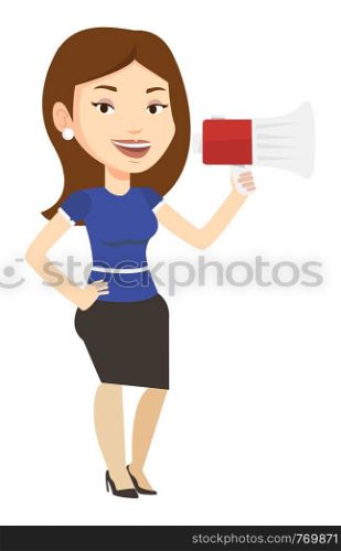 Caucasian woman holding megaphone. Promoter speaking into a megaphone. Woman advertising using megaphone. Social media marketing concept. Vector flat design illustration isolated on white background.. Young woman speaking into megaphone.