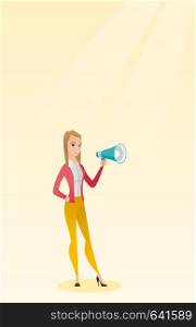 Caucasian woman holding megaphone. Woman promoter speaking into a megaphone. Young woman advertising using a megaphone. Social media marketing concept. Vector flat design illustration. Vertical layout. Young woman speaking into a megaphone.