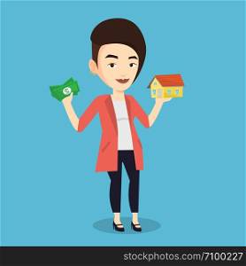 Caucasian woman holding money and model of house. Happy woman having loan for house. Woman got loan for buying a new house. Real estate loan concept. Vector flat design illustration. Square layout.. Woman buying house thanks to loan.