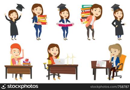 Caucasian woman holding pile of educational books. Student carrying huge stack of books. Student preparing for exam with books. Set of vector flat design illustrations isolated on white background.. Vector set of student and teachers characters.
