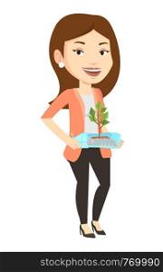 Caucasian woman holding plastic bottle with plant growing inside. Girl holding plastic bottle used as plant pot. Plastic recycling concept. Vector flat design illustration isolated on white background. Woman holding plant growing in plastic bottle.