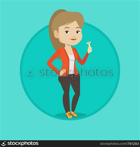 Caucasian woman holding razor for shave. Smiling woman holding a razor in hand and preparing to shave. Young woman with razor. Vector flat design illustration in the circle isolated on background.. Woman holding razor in hand vector illustration.
