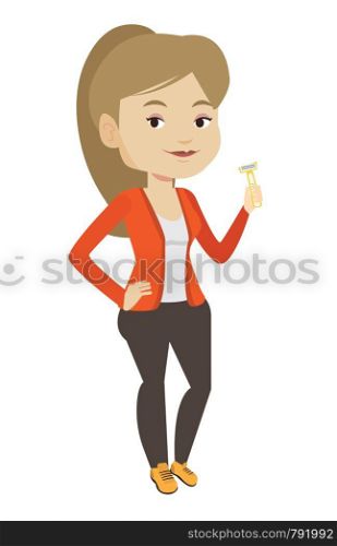 Caucasian woman holding razor for shave. Smiling woman holding a razor in hand and preparing to shave. Young woman with razor. Vector flat design illustration isolated on white background.. Woman holding razor in hand vector illustration.
