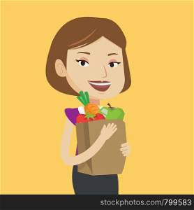Caucasian woman holding shopping bag full of vegetables and fruits. Woman holding grocery shopping bag with healthy food. Girl with grocery shopping bag. Vector flat design illustration. Square layout. Happy woman holding grocery shopping bag.