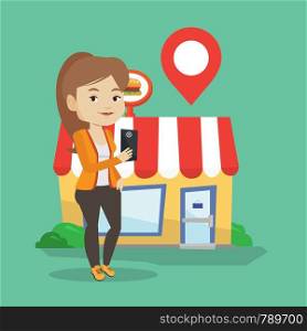 Caucasian woman holding smartphone with mobile application for looking for restaurant. Woman using smartphone application for searching of restaurant. Vector flat design illustration. Square layout.. Woman looking for restaurant in her smartphone.