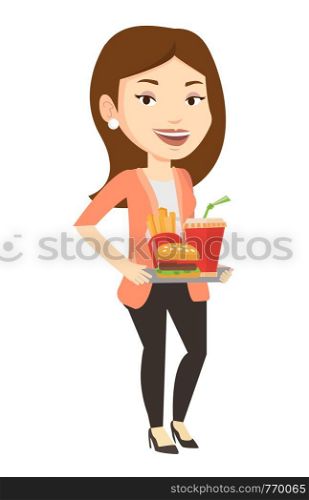 Caucasian woman holding tray with fast food. Young smiling woman having a lunch in a fast food restaurant. Happy woman with fast food. Vector flat design illustration isolated on white background.. Woman holding tray full of fast food.