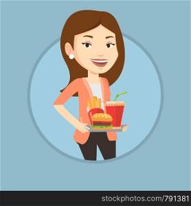 Caucasian woman holding tray with fast food. Young woman having a lunch in a fast food restaurant. Happy woman with fast food. Vector flat design illustration in the circle isolated on background.. Woman holding tray full of fast food.