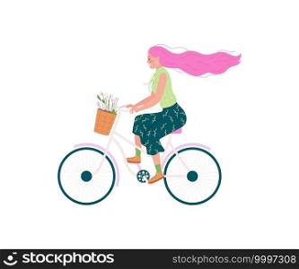 Caucasian woman in bicycle flat color vector detailed character. Girl on bike, flowers in basket. Spring outdoor activity isolated cartoon illustration for web graphic design and animation. Caucasian woman in bicycle flat color vector detailed character