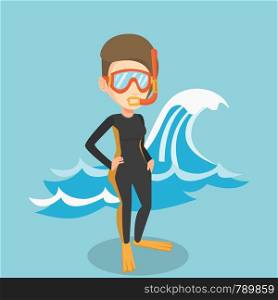 Caucasian woman in diving suit, flippers, mask and tube standing on the background of a big wave. Diver enjoying snorkeling. Diver ready for snorkeling. Vector flat design illustration. Square layout.. Young scuba diver vector illustration.